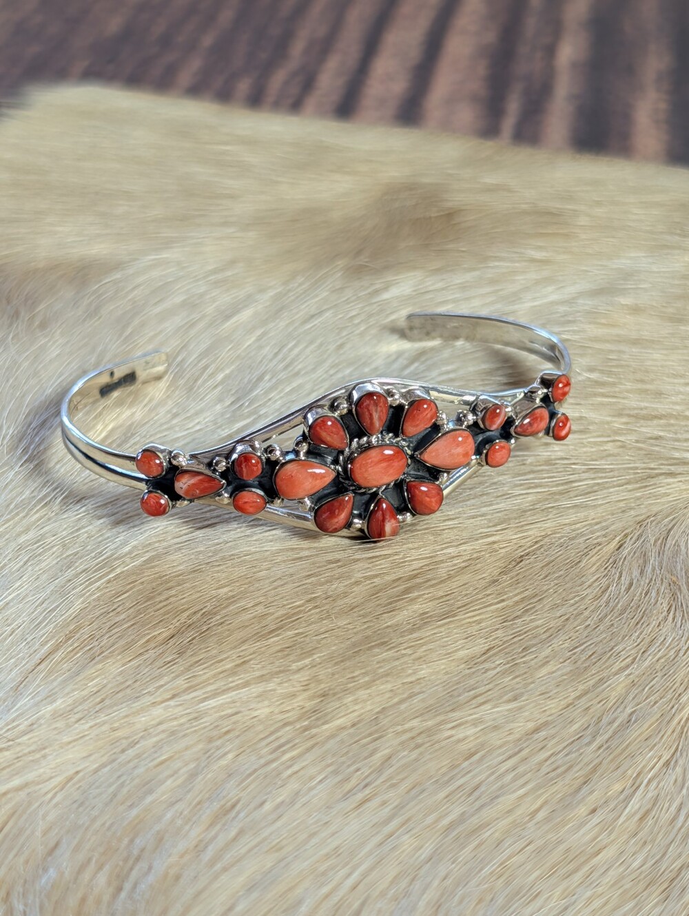 Red Spiny Floral Cluster Sterling Silver Handcuff